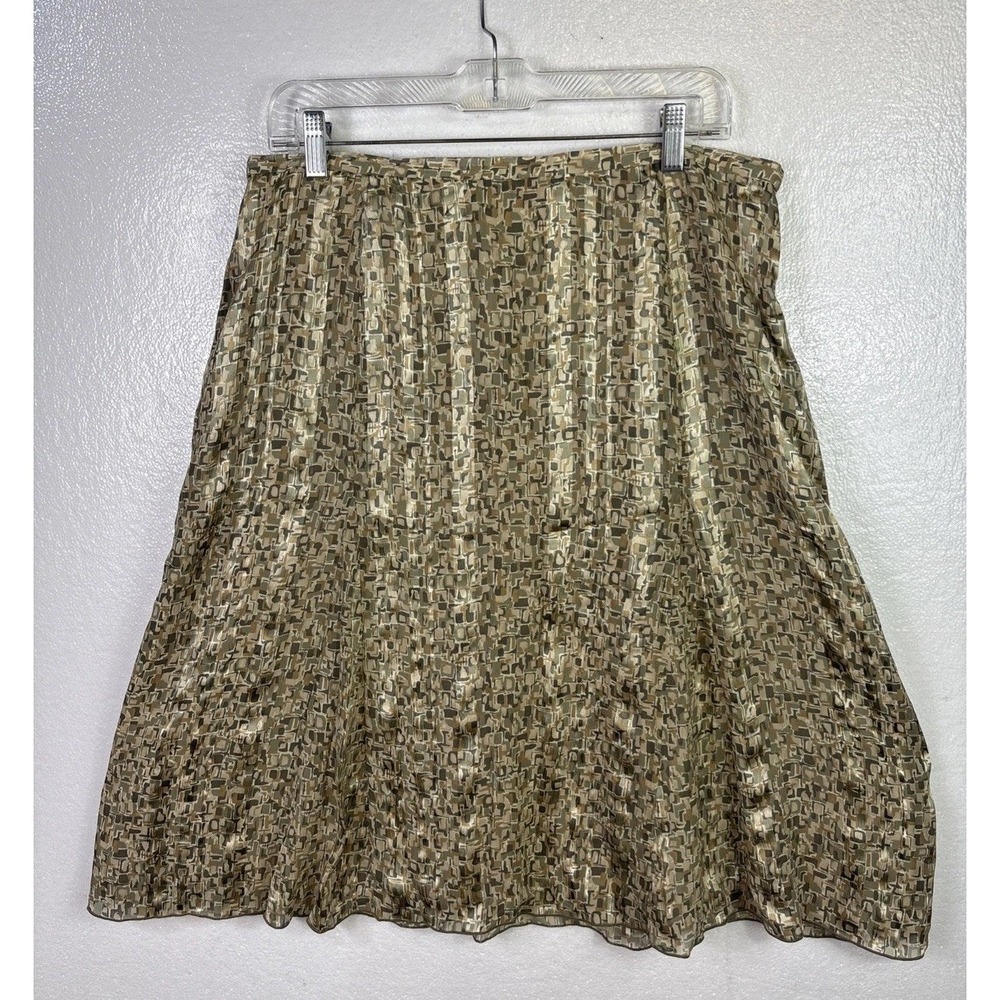 New Talbots‎ Pure Silk Skirt 14W Womens Flare Green Gold Check Lined Zip elastic
